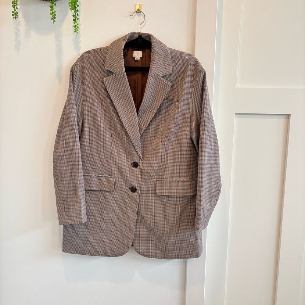 A New Day Houndstooth Plaid Women's Blazer Jacket Oversized Lined Neutral Size S